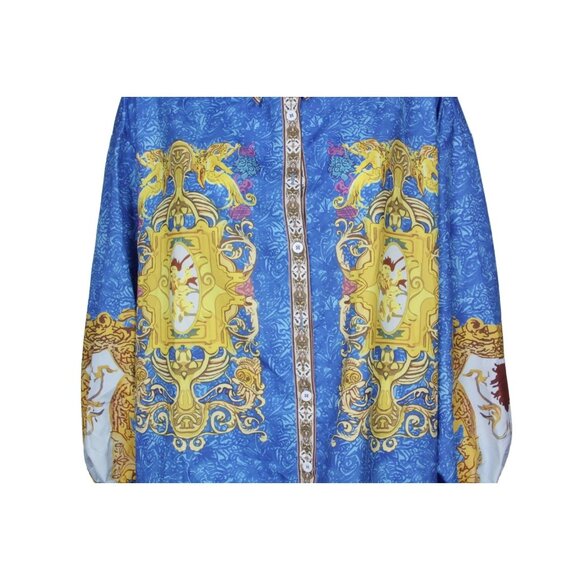 Royal Lion Crest Ren Fair Thrones Blue Gold Balloon Sleeve Blouse Top 2XL /217 - Picture 2 of 5